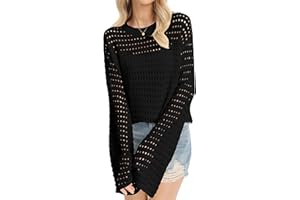 QUALFORT Womens Lightweight Sweaters Long Sleeve Crochet Hollow Out Knit Casual Soft Pullover Summer Spring Tops