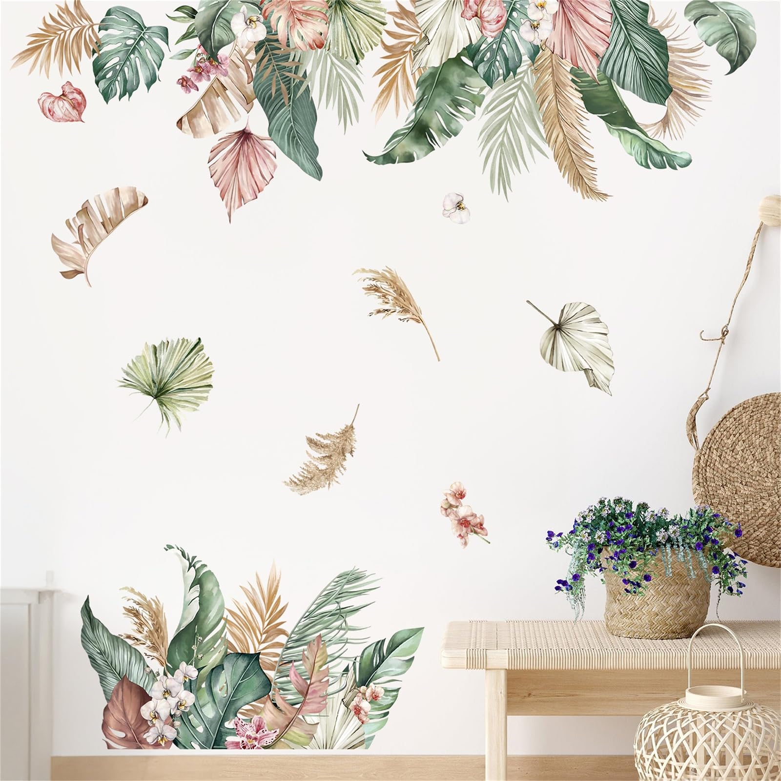 decalmile Boho Tropical Leaves Wall Decals Green Plants Palm Leaf Wall Stickers Living Room Bedroom Sofa TV Background Wall Decor