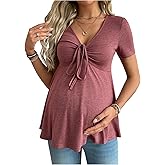 SweatyRocks Women's Maternity Clothes Short Sleeve Ruched Front Tie Ruffle Maternity Shirt