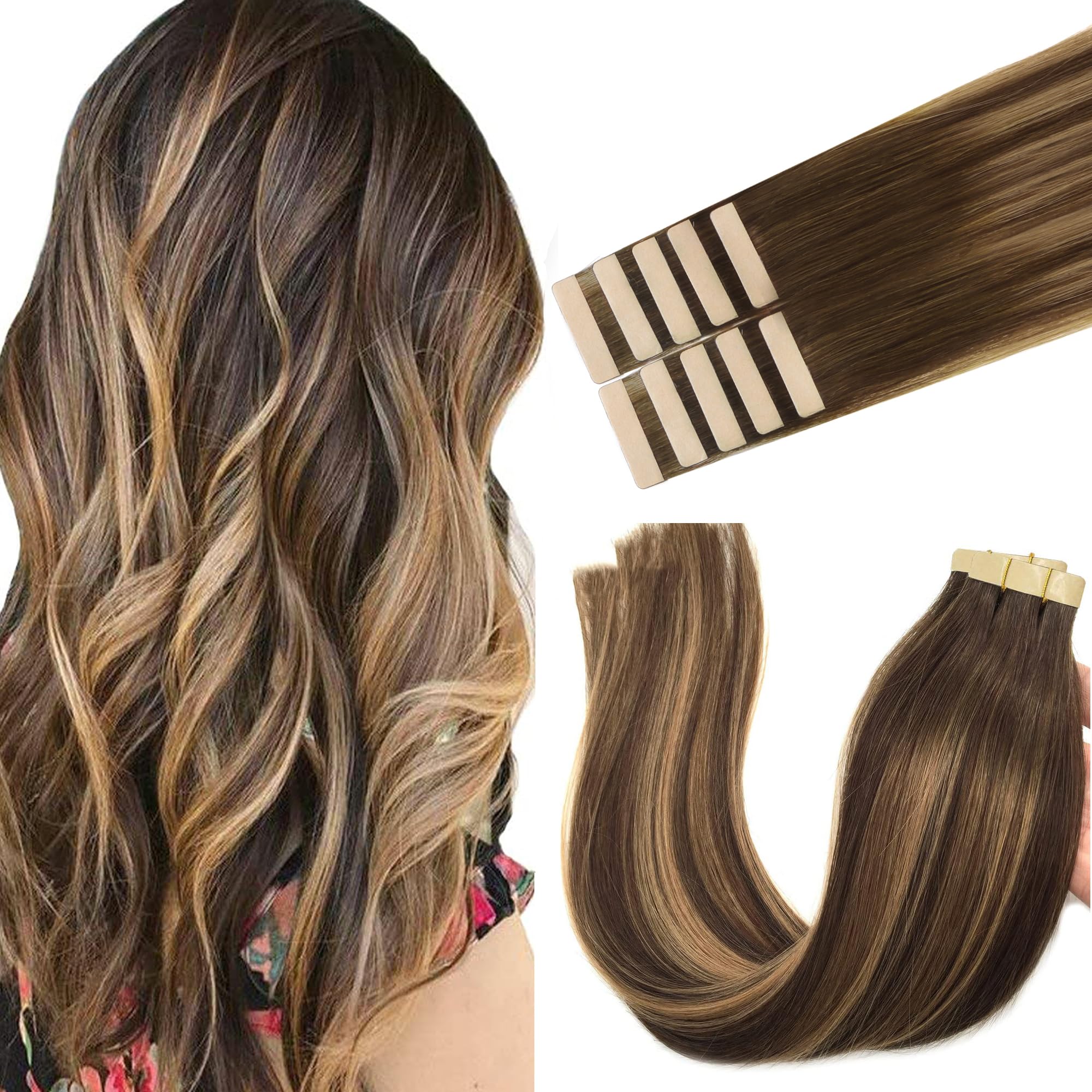 GOO GOO 25g 10pcs Tape in Hair Extensions Chocolate Brown to Caramel Blonde with Brown Remy Tape in Human Hair Extensions Balayage Ombre 14inch