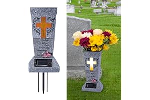 HUYIENO Solar Cemetery Grave Vase with LED for Fresh/Artificial Flowers Headstones Vases with Spikes Gravestone Decor Memorial Gifts for Loss of Loved One
