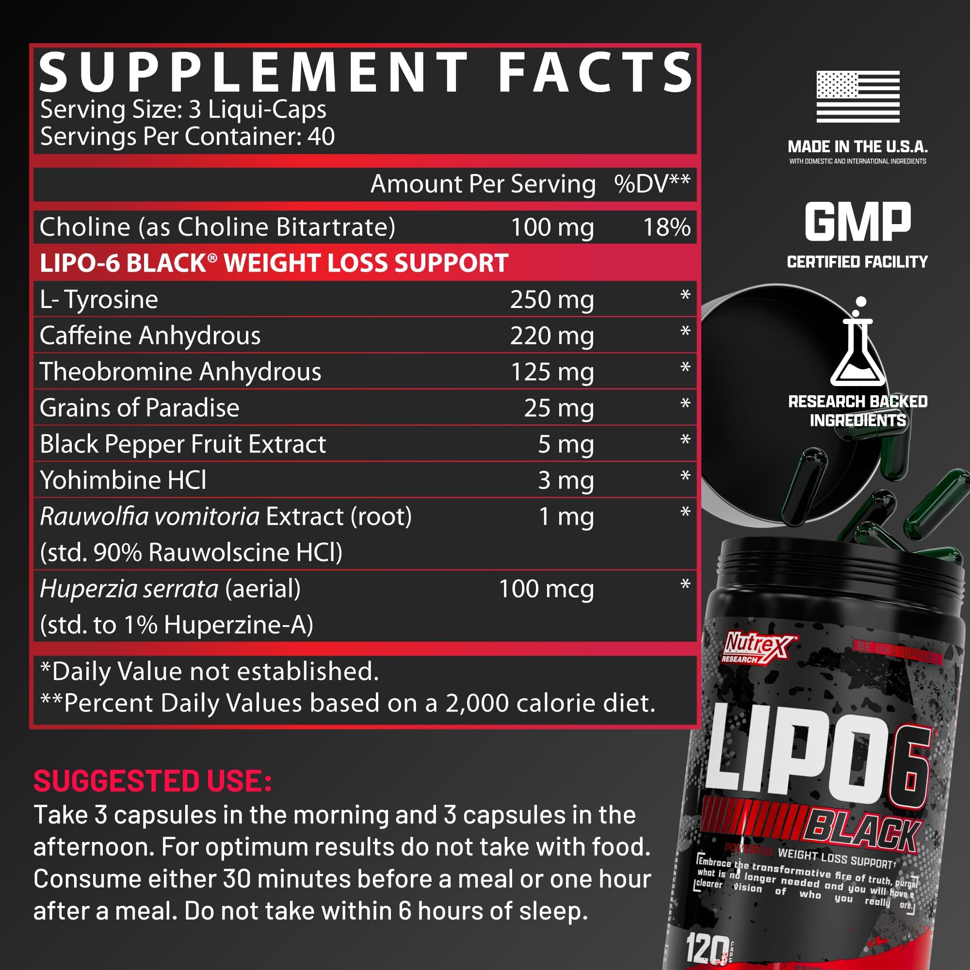 Nutrex Lipo-6 Black Max Strength Fat Burner - Fast Acting Energy, Weight Loss Diet Pills – Appetite Suppressant, Metabolism Booster - 120 Capsules
