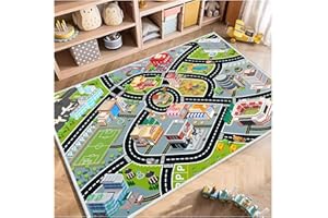 LIAZY ESUOH Kids Car Rug, Carpet Playmat for Kids Toy Cars and Train, City Life Educational Road Traffic Play Mat for Playroom, Non Slip Play Mat for Bedroom Kids Room Classroom Nursery(2.6×3.9ft/31×47in)