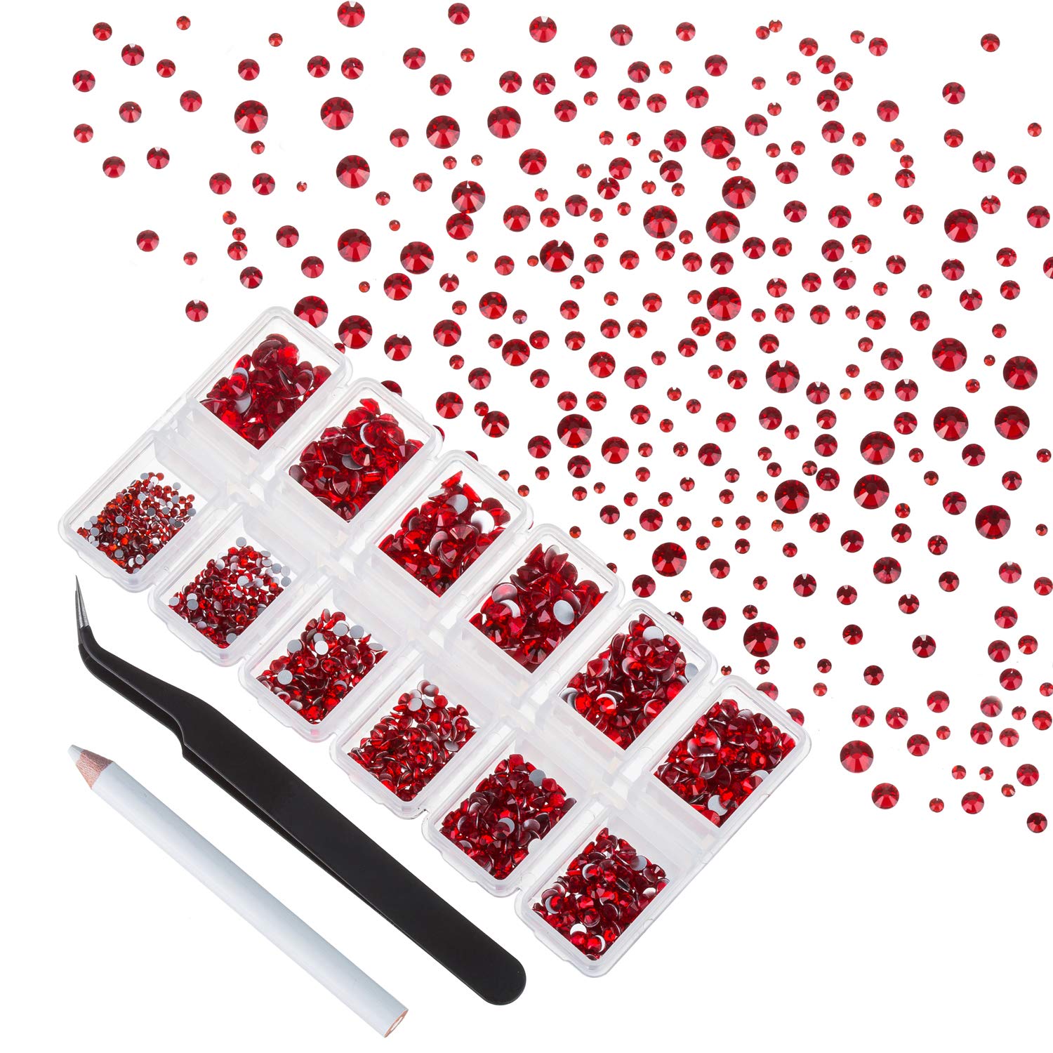 4200 Pieces Flat Back Red Nail Art Rhinestones for Nail Art Decorations, Round Crystal Gems Stickers for Clothes and Craft, 1.5 mm - 4.8 mm, 6 Sizes