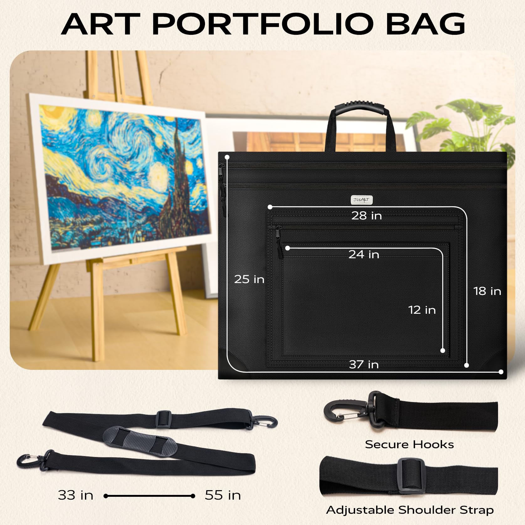 JusArt Art Portfolio Bag, 24x36 Light Weight Portfolio Folder Case with Adjustable Shoulder Strap, Leather Corners, Waterproof Art Bag for Artists and Students for Artwork, Poster, Sketching, Drawing