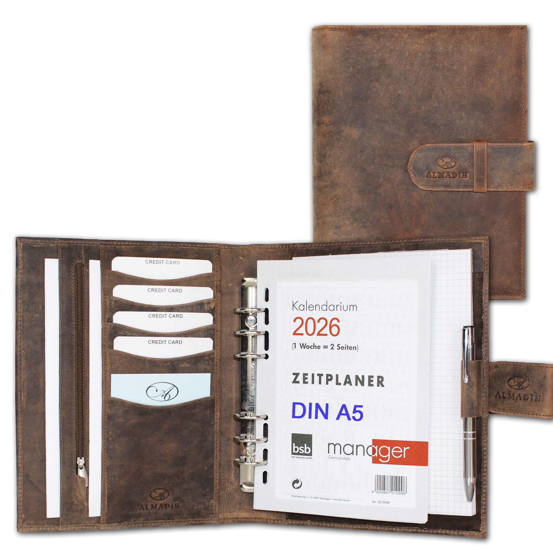 ALMADIH Leather Folder A5 Planner with Rings, Calendar 2025 Writing Pad made from Premium Cow Leather brown vintage - Personal Organiser Conference Folder System Ring Binder Zipper Portfolio Workbook