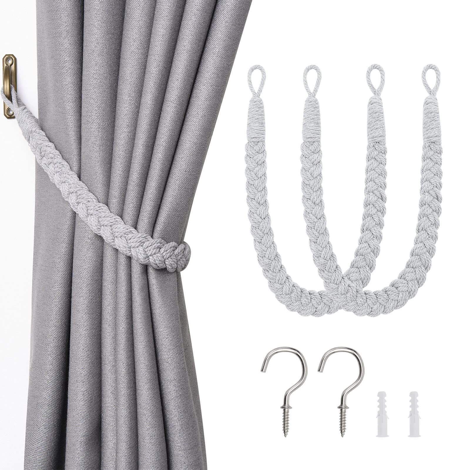 Pretty Jolly 2 Pack Natural Cotton Rope Curtain Tiebacks Elegant Boho Style Decorative Drape Tie Backs Soft Hand-Woven Rope Curtain Holdbacks with Metal Hook for Home & Office Drapery (Light Grey)