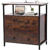 Edbuosy 3 Wooden Drawers Night Stand, 27 Inch Wide Nightstand with Charging Station and Adjustable Drawers, Small Dresser for Closet, Bedside Table for Living Room/Bedroom/Office, Retro Brown.