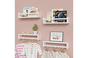 WOPITUES Nursery Book Shelves with Guardrail Set of 4, Nursery Decor for Toys, Kids' Drawings and Craft, Floating Bathroom Shelf Organizer for Cosmetics, Spice Rack Wall Mount for Kitchen- White