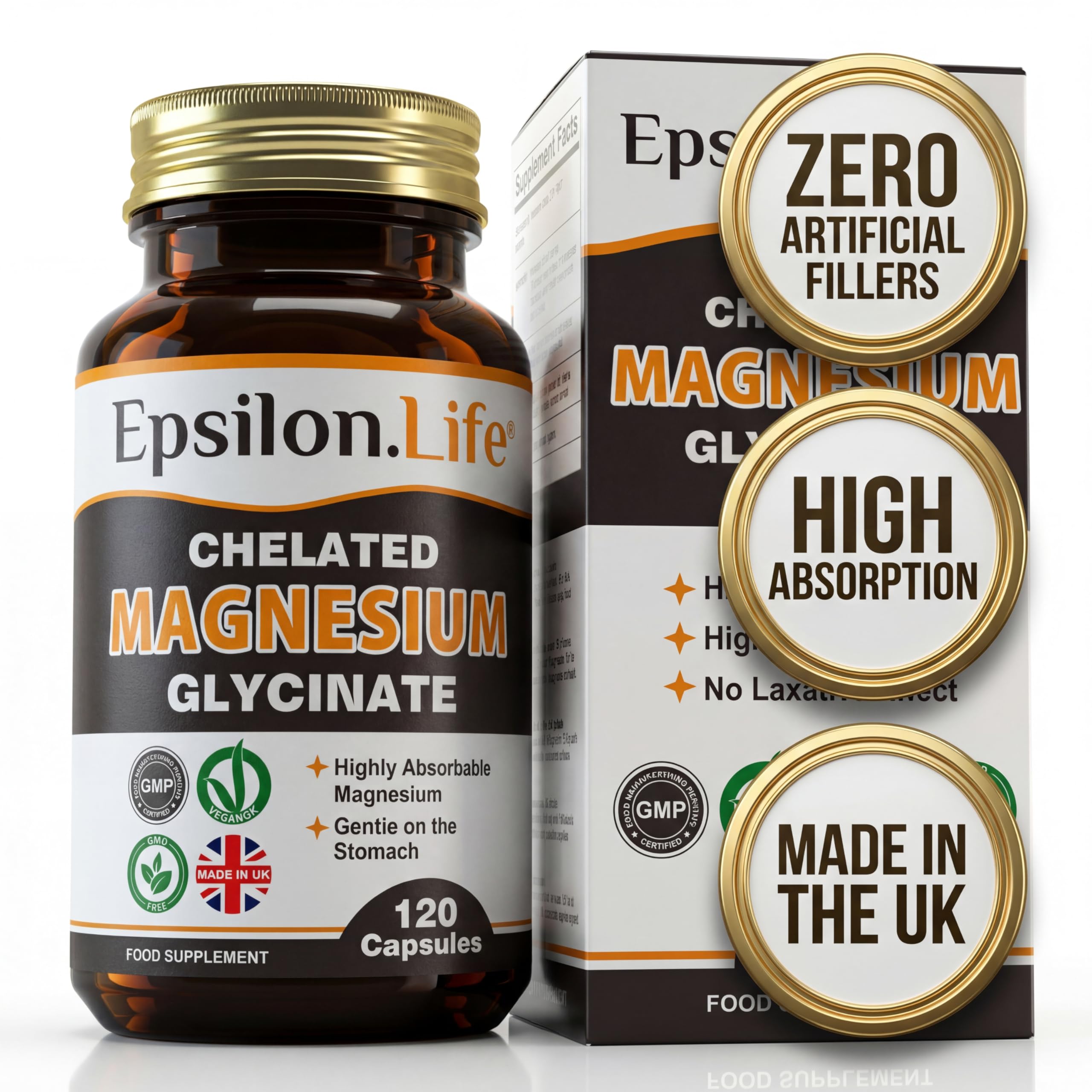 Epsilon Life Magnesium Glycinate 500mg - Chelated & Unbuffered Bisglycinate (No Oxide) - High Absorption for Sleep, Leg Cramps & Restless Legs - Gentle on Stomach - 120 Vegan Capsules - Made in UK