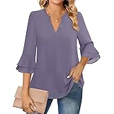 Lotusmile Womens Tops Dressy Casual 3/4 Tiered Bell Sleeve Blouses Double Layered Chiffon Work Tunic Shirts