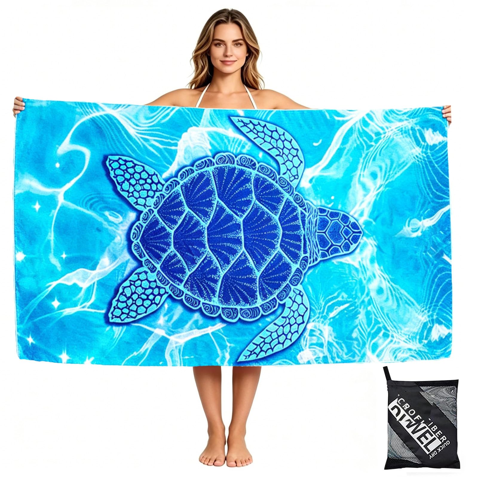 160x90cm Beach Towels in a Bag Large Microfibre Thin Beach Towel for Adults,Quick Dry Sand Free Light Bath Towel Pool Towel for Mens Women,Bathroom,Holiday,Yoga,Gym Sports,Swimming(Blue Turtle）