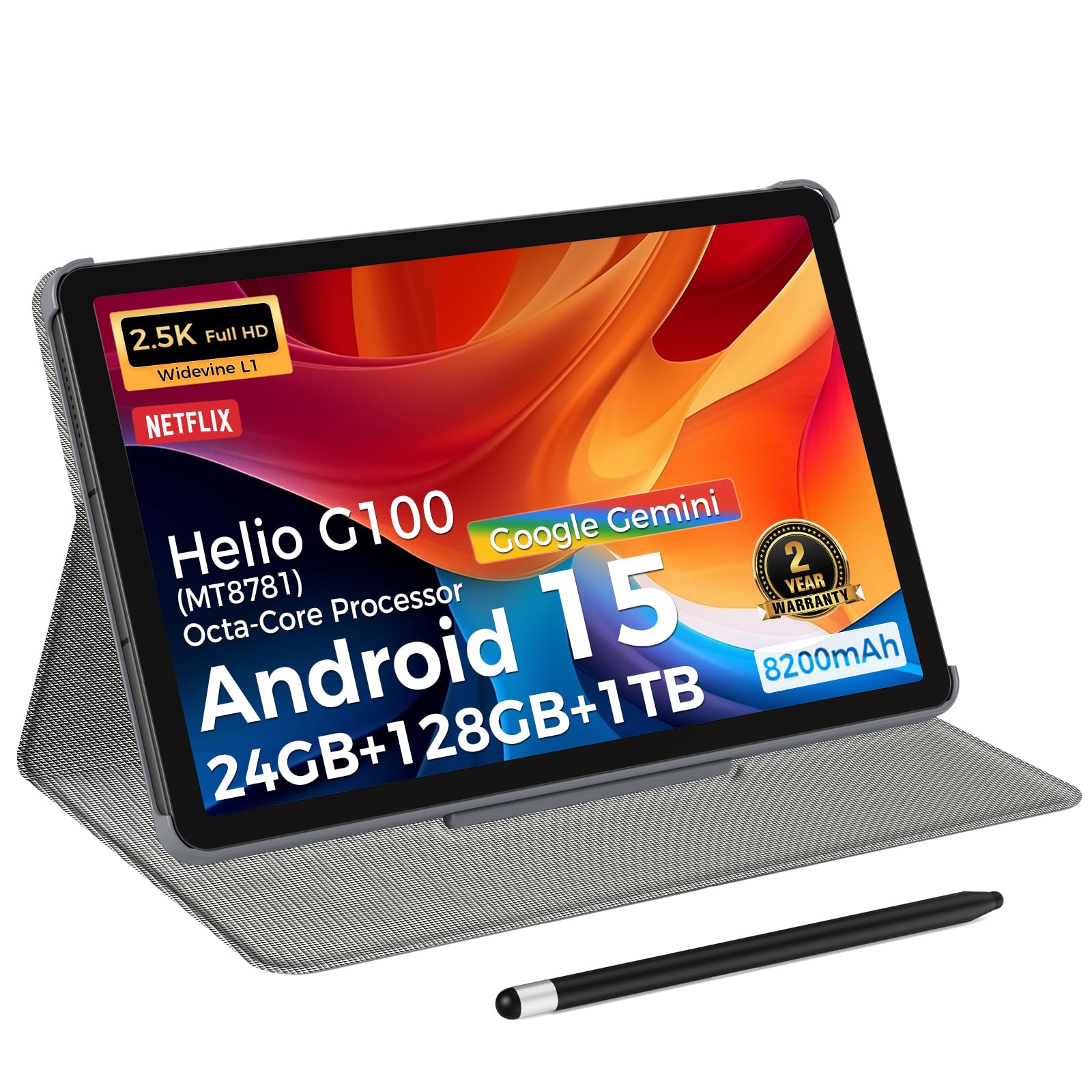 Photo 1 of 11inch Tablet, Android 15 Tablet 24GB RAM,128GB ROM, 2560*1600IPS 2.5K Widevine L1, G100( MT8781) Octa-core Processor, 24GB RAM,128GB ROM, Wi-Fi 6& Bluetooth 5.2, 8200mAh Battery