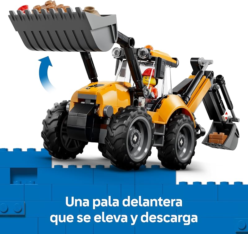 City Cargadora Retroexcavadora Amarilla – Vehículo de Obra de Juguete y 2 Minifiguras – Camión con Cucharón Delantero y Retroexcavador – Regalo de Cumpleaños para Niños de 7+ Años – 60480 — foto 3 de 8