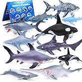 SIENON 11pcs Shark Figures with Booklet, Realistic Sea Creatures Bath Toys Whale Shark Ocean Animal Figurines for Kids Educational Birthday Party Favors Cake Toppers