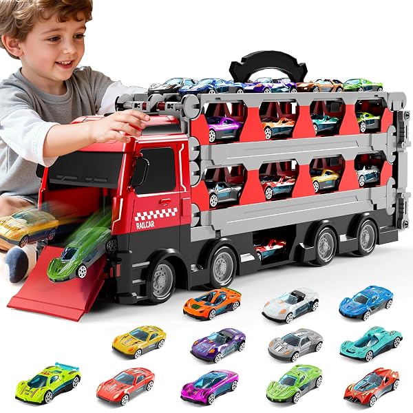 ZDRKWSM CARRIER TRUCK RACE TRACK TODDLERS TOYS, TOY TRUCK TRANSPORT CAR WITH 12 DIE-CAST TOY CARS, TRUCK CAR KIDS TOYS XMAS BIRTHDAY GIFTS FOR AGE 3 4 5 6 7 8 YEARS OLD BOYS GIRLS