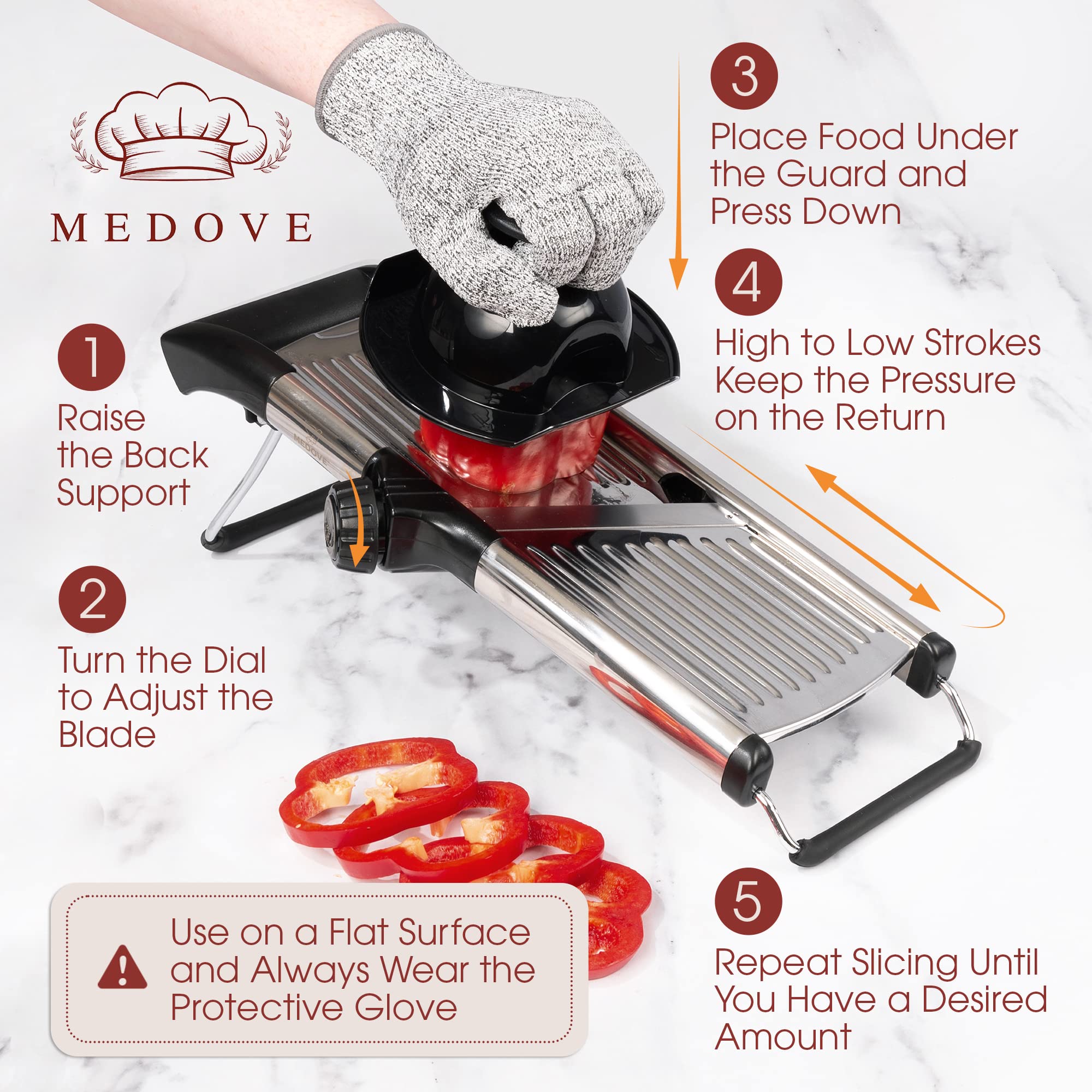 Stainless Steel Mandoline Slicer for Kitchen – 6-Setting Adjustable, 16.5 x 5 In. Platform, Hand Guard, Cut-Resistant Gloves – Vegetable Chopper, Meat Slicer, Cheese Slicer by Medove