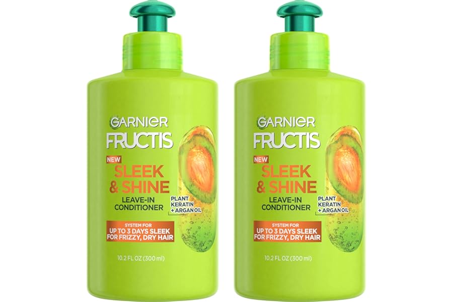 Garnier Fructis Sleek & Shine Leave-In Conditioning Cream for Frizzy, Dry Hair, Plant Keratin + Argan Oil, 10.2 Fl Oz, 2 Count (Packaging May Vary)