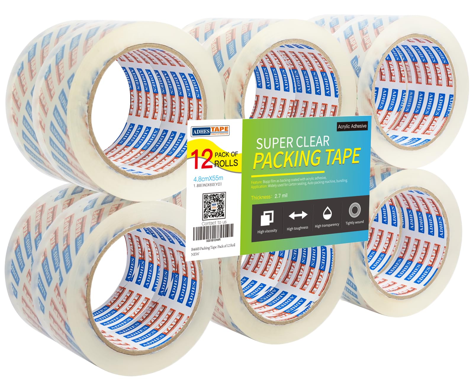 ADHES Heavy Duty Packing Tape Parcel Tape for Moving Boxes,Clear Packaging Tape Rolls Shipping Tape, 55M Per Roll with 48mm Width,2.7Mil Thickness, Pack of 12 Rolls