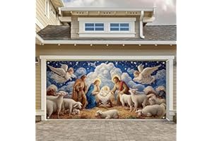HOMETITUTE Christmas Nativity Scene Garage Door Backdrop 13x6FT Holy Night Baby Jesus Angels Shepherds Sheep Manger Garages Banner Holiday Religious Xmas Garage Door Decoration