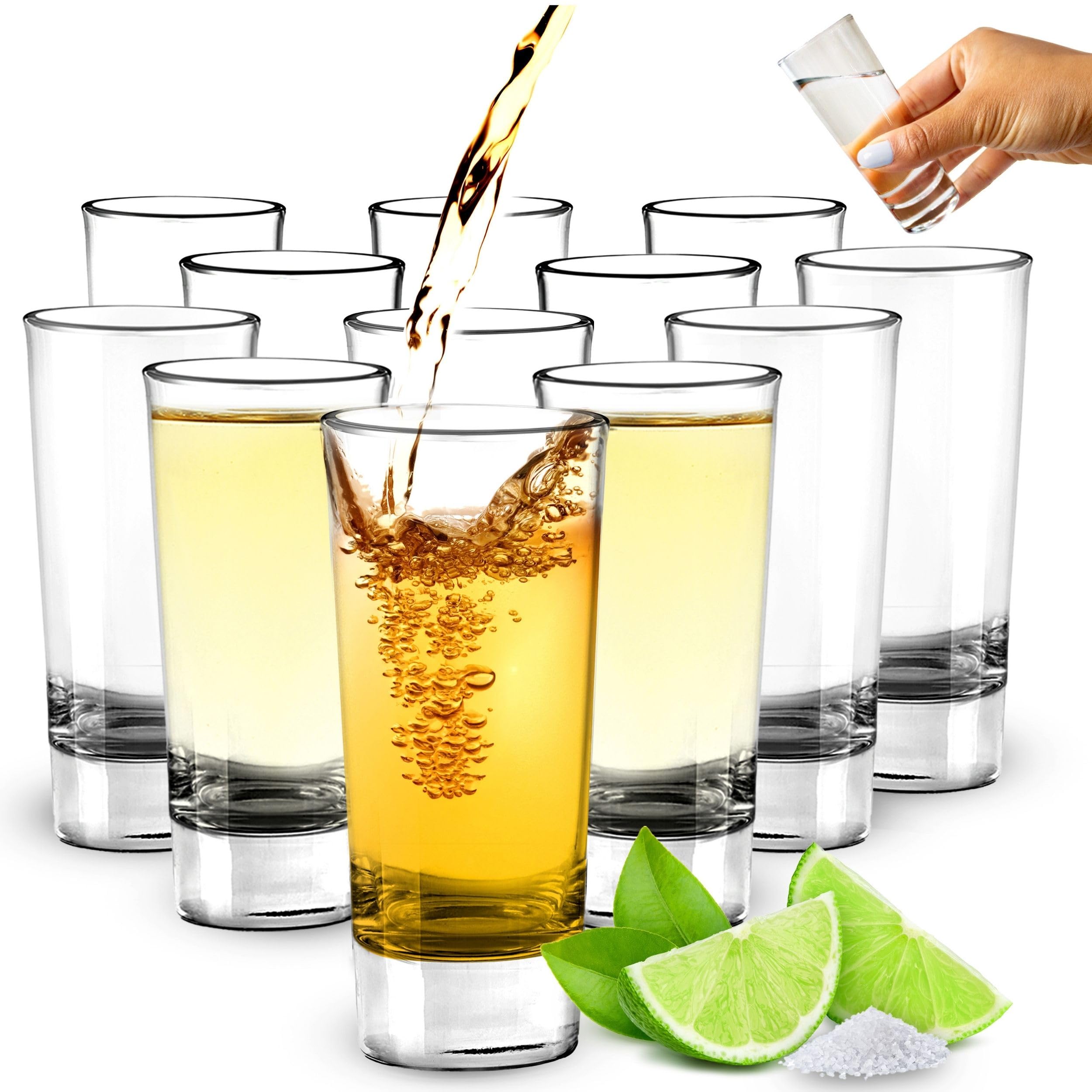 Tall Shot Glasses - 60ml / 2oz Clear Heavy Base Shot Glass - 12 Pack Reusable Shot Glasses for Vodka, Brandy, Cocktail, Whiskey and Tequila