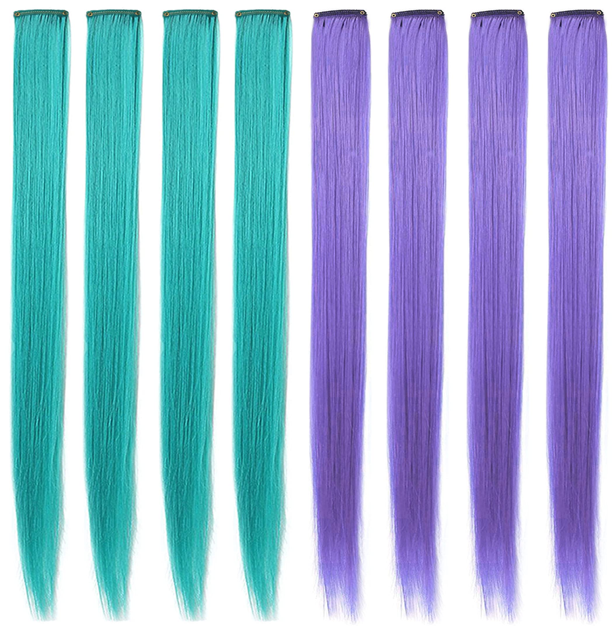 MQY COLOR 8PCS 21''Colored Hair Extensions Clip in for Girls Party Highlights Synthetic Long Straight Wig Pieces Colored Hair Accessories Colorful Hairpieces for Girls Women (Teal Lavender)