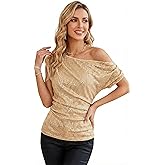 SEVOBA PROM One Shoulder Sequin Tops for Women Off Shoulder Sparkly Shirt Elegant Asymmetrical Ruched Glitter Shirt