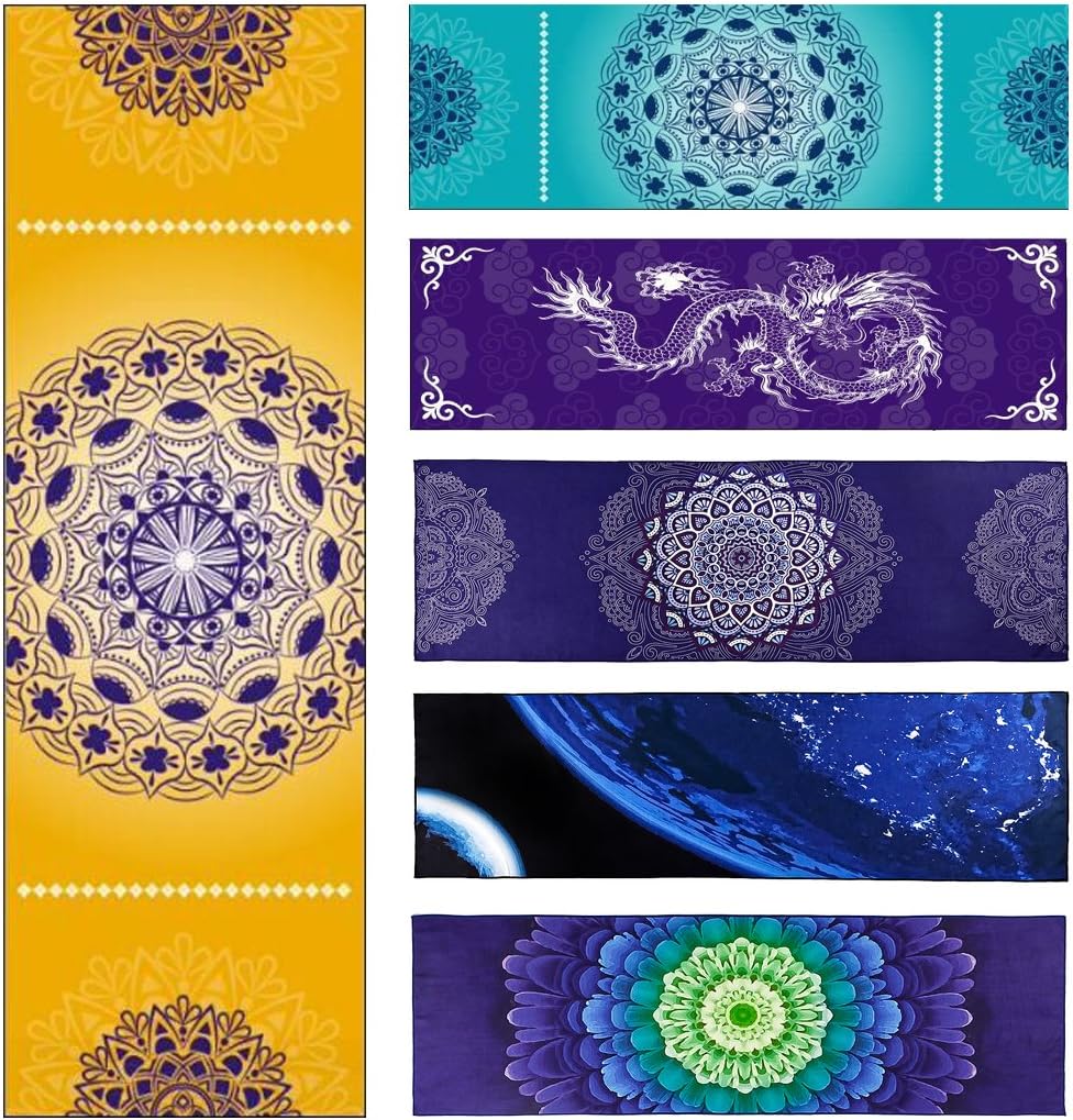 Non Slip Yoga Mat Towel - Microfiber for Hot Yoga Printed Mat Towel with grip Corner Pockets Lightweight Sweat Absorbent Pilates Fitness Bath Beach Sports Outdoor Travel Thin Mats 72” x 24”/26”