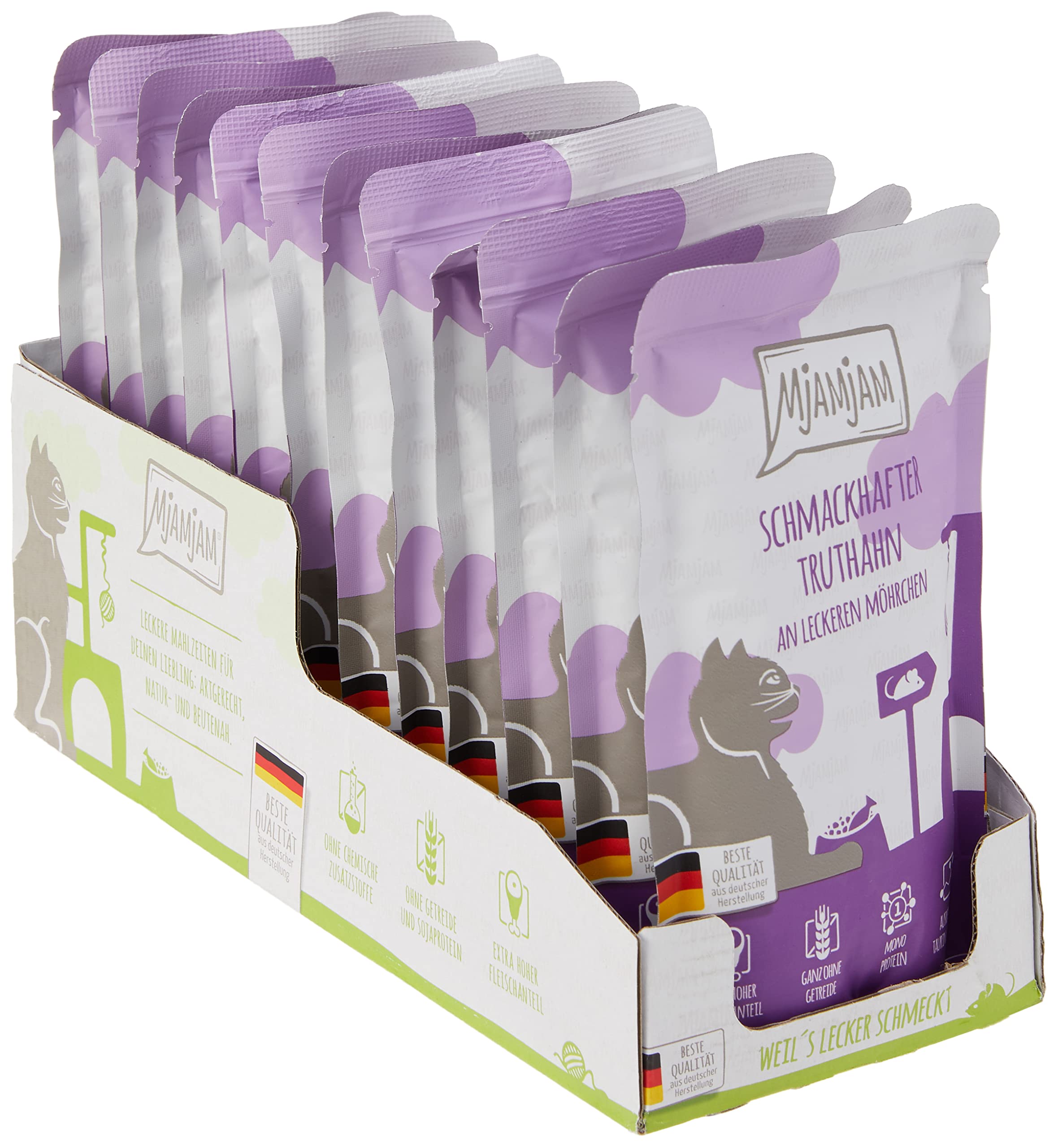 MjAMjAM - premium wet food for cats - Quetschie - tasty turkey with delicious carrots, pack of 12 (12 x 125 g), grain-free with extra meat