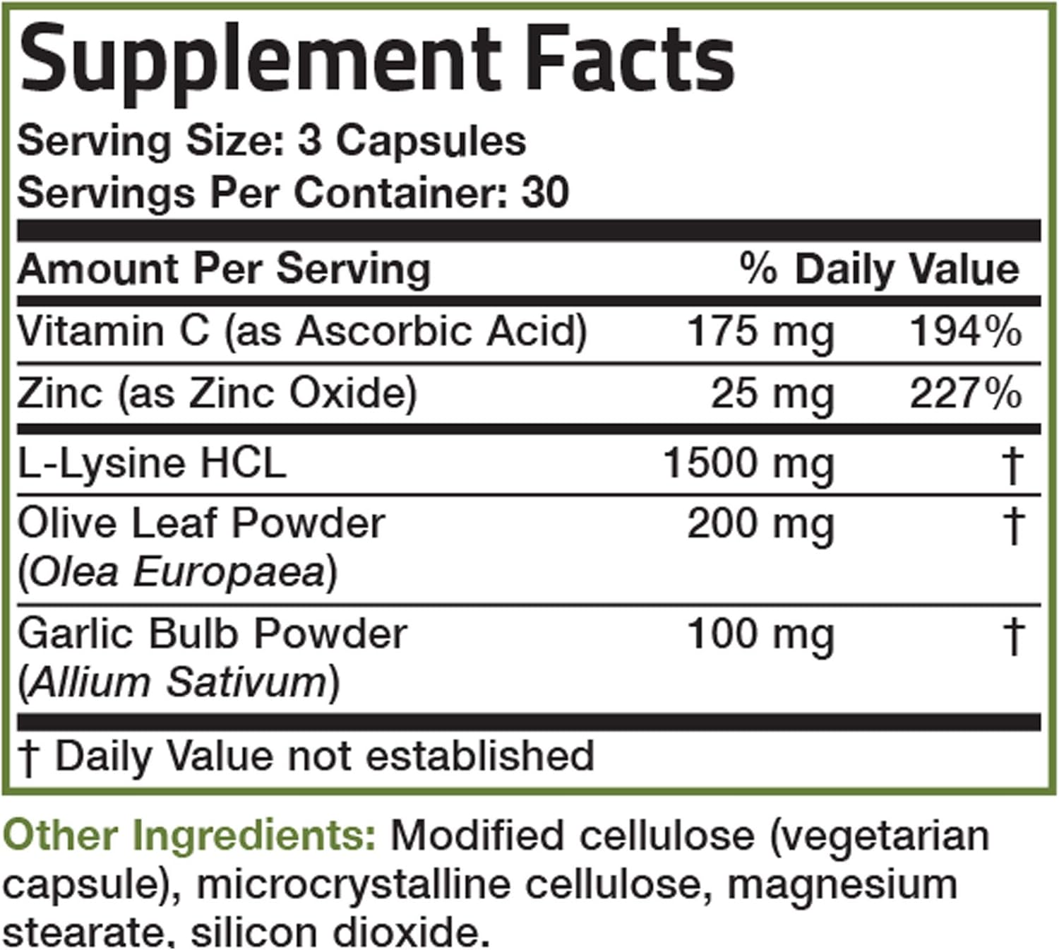 Bronson L-Lysine Defense Immune Support Complex 1500 MG L-Lysine Plus Olive Leaf, Garlic, Vitamin C and Zinc - Non-GMO, 90 Vegetarian Capsules: Health & Personal Care