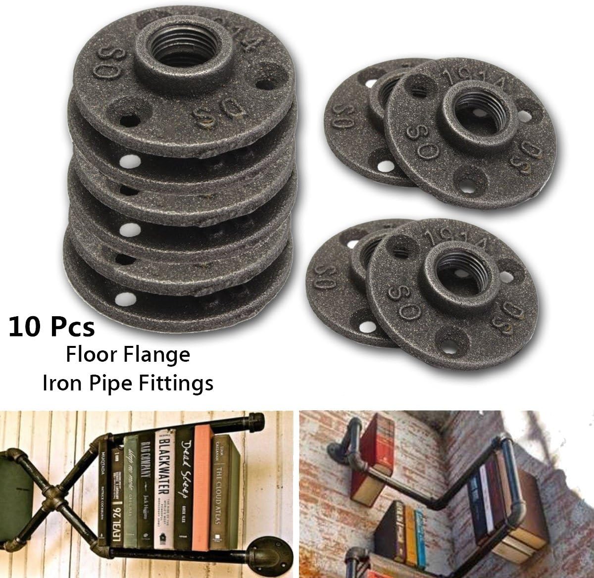 SHIJING 10Pcs 3/4" Black Decorative Malleable Iron Floor/Wall Flange Malleable Cast Iron Pipe Fittings Threaded Hole