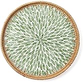 Aayoruro Round Rattan Tray with Mother of Pearl Inlay, Decorative Wicker Serving Tray with Wooden Base, Woven Basket Trays for Bread Fruits Coffee, Leaf