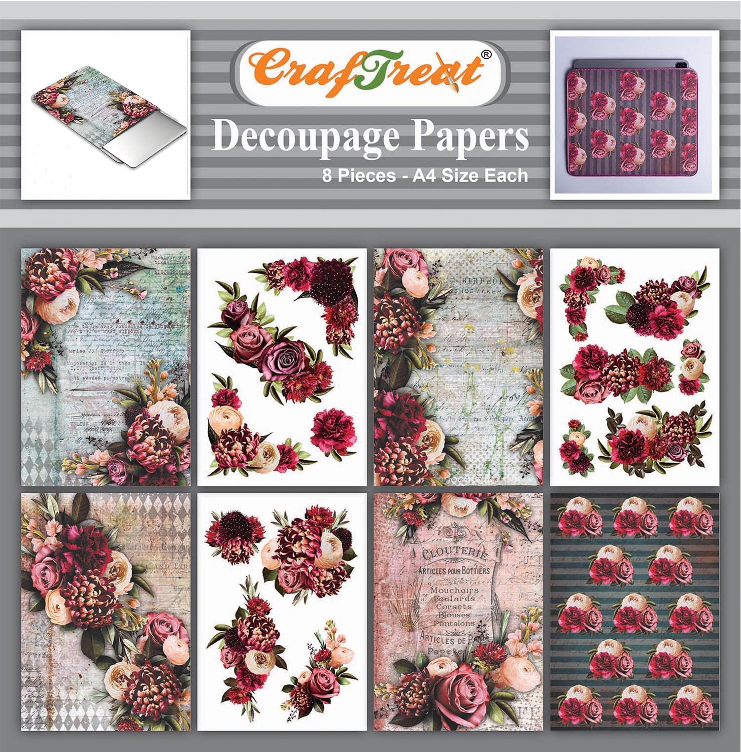 CrafTreat Reusable Floral Decoupage Paper - Decorative Flowers 4 Sizes: A4 (8.3 x 11.7 Inch) 8 Pcs - Paper for Scrapbooking