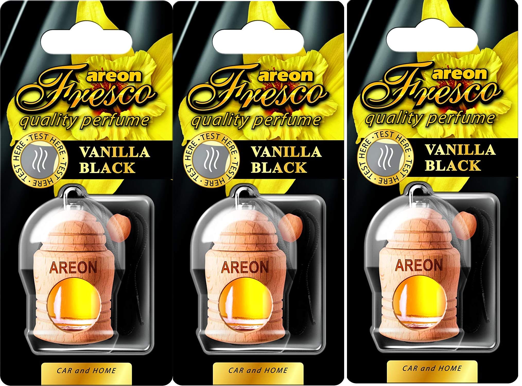 Areon Fresco Car Perfume Air Freshener Vanilla Black Bottle Diffuser Liquid Sweet Scent Hanging Pendant Wood Glass Mini Long Lasting Home Office Room Van 3D 4ml Multi Pack Set of 3