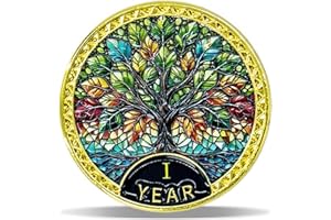 MASFOPONIC 1 Year Radiant Tree Sobriety Coin – Stained Glass Light NA Medallion – Spiritual Token for Recovery & Clean Time – Empowering NA AA Chips – Gift for Men & Women