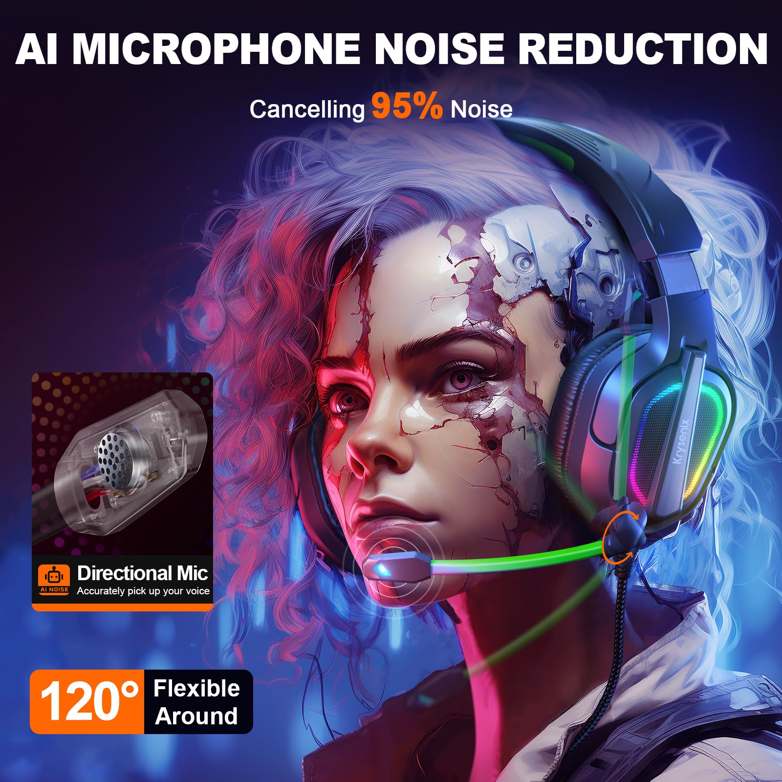 Krysenix Gaming Headset for PS4, PS5, PC, Mac, Xbox Series X, Noise Canceling Headphones with Microphone, PG2 Computer Headset with 3.5mm Jack & RGB Light Black/Green