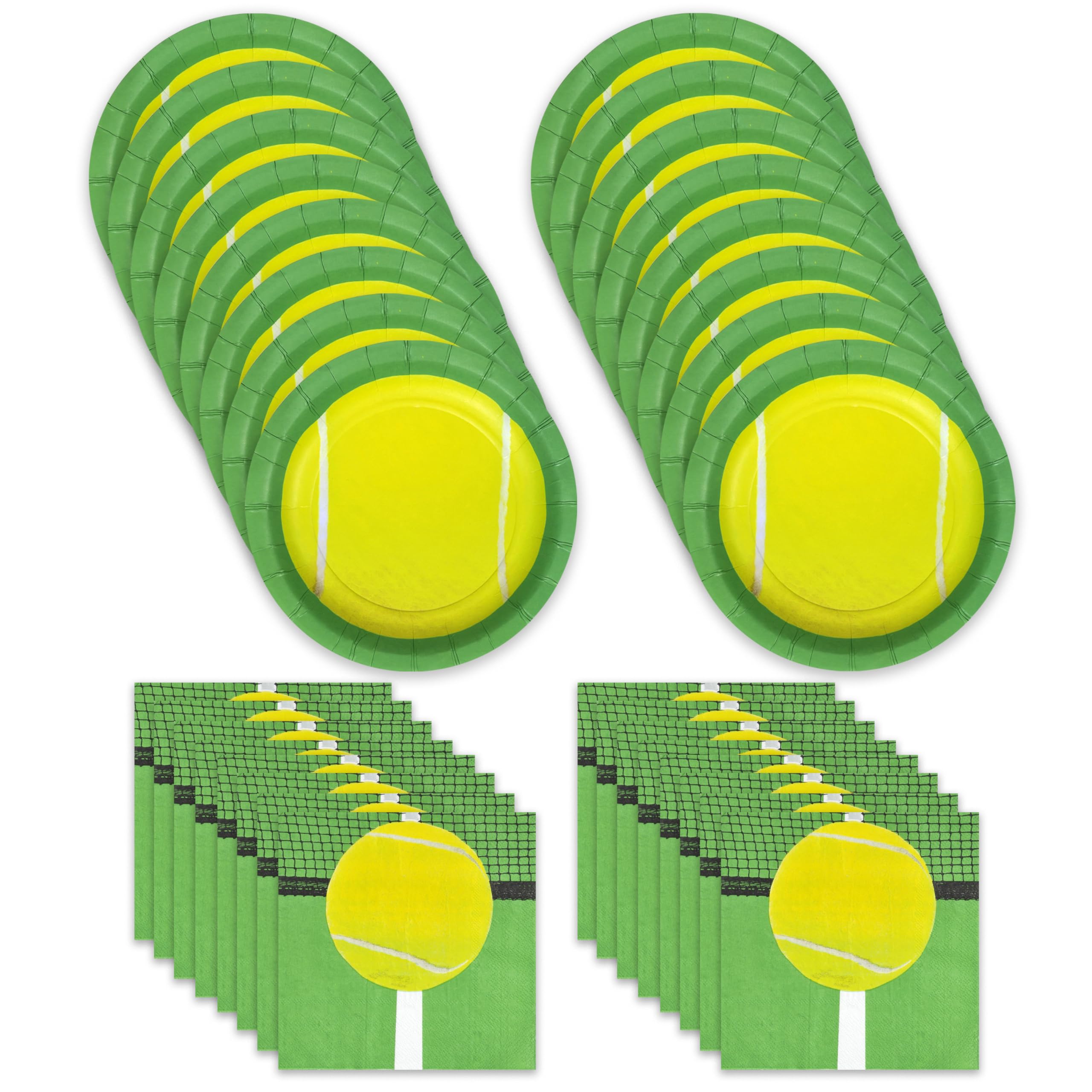 Havercamp Tennis Party for 16 guests; includes 16 ea. 7” Plates, Beverage Napkins and 12oz. Cups in Authentic Tennis Theme. Game, Set, Party