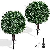 Yangrass Artificial Boxwood Topiary Ball Tree Set of 2, UV Resistant Artificial Outdoor Shrubs with Spike, Decorative Evergreen Fake Topiary Bushes Plant for Front Porch Garden