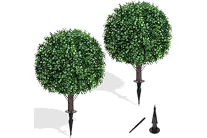 Yangrass Artificial Boxwood Topiary Ball Tree Set of 2, UV Resistant Artificial Outdoor Shrubs with Spike, Decorative Evergreen Fake Topiary Bushes Plant for Front Porch Garden