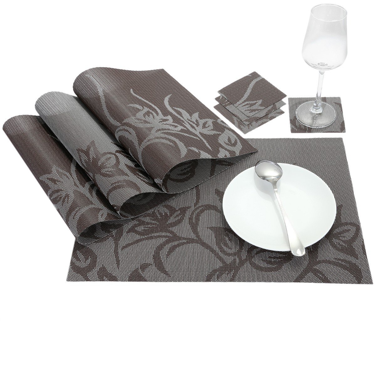 mookaitedecor PVC Placemats Set of 4 & Coasters Set of 4, Heat Resistant Table Mats Non-slip Washable for Dining Home Kitchen