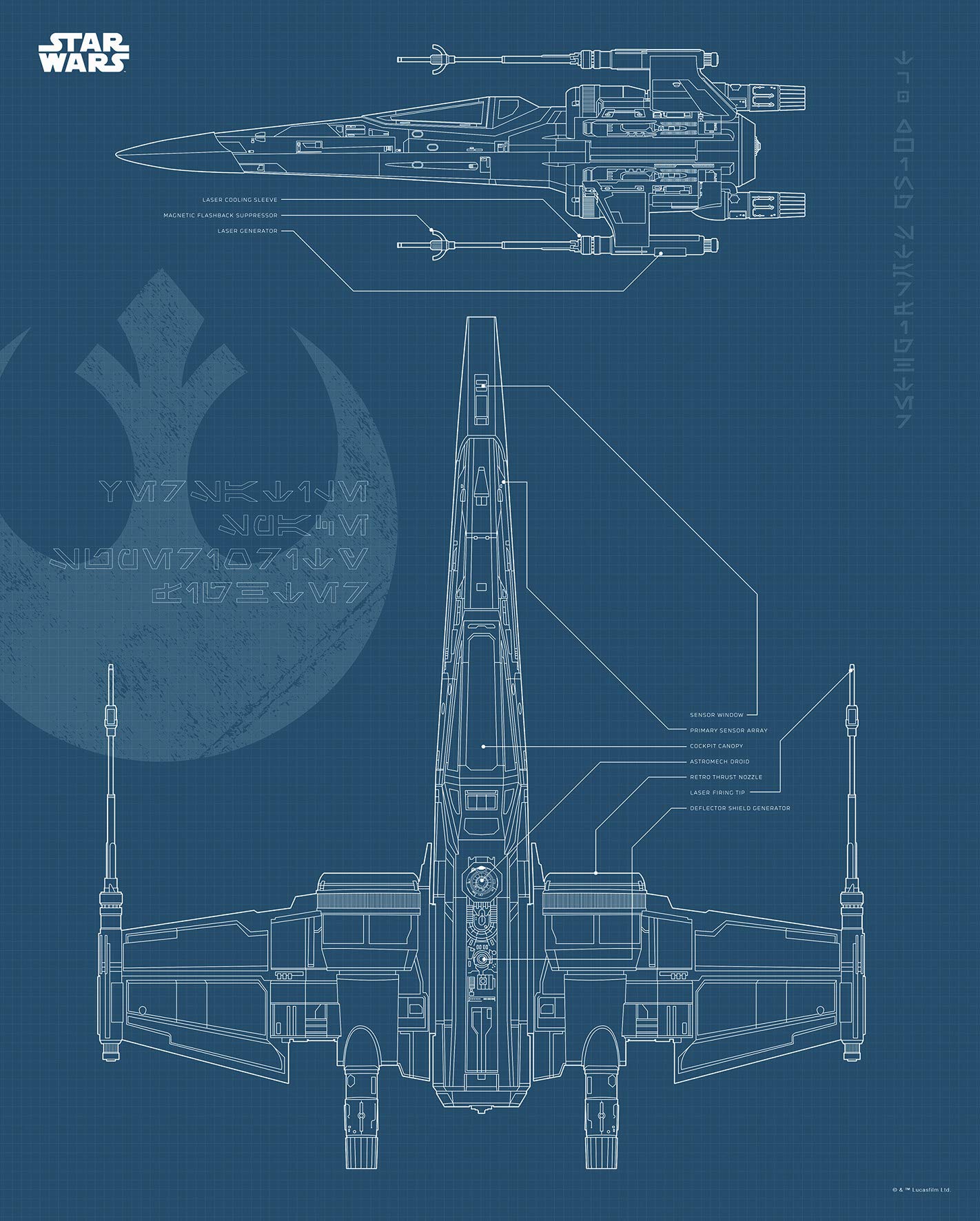 Komar Wall Picture | Star Wars Blueprint X-Wing | Children's Room Decoration Art Print | No Frame | WB179-40 x 50 cm | Size: 40 x 50 cm (Width x Height)
