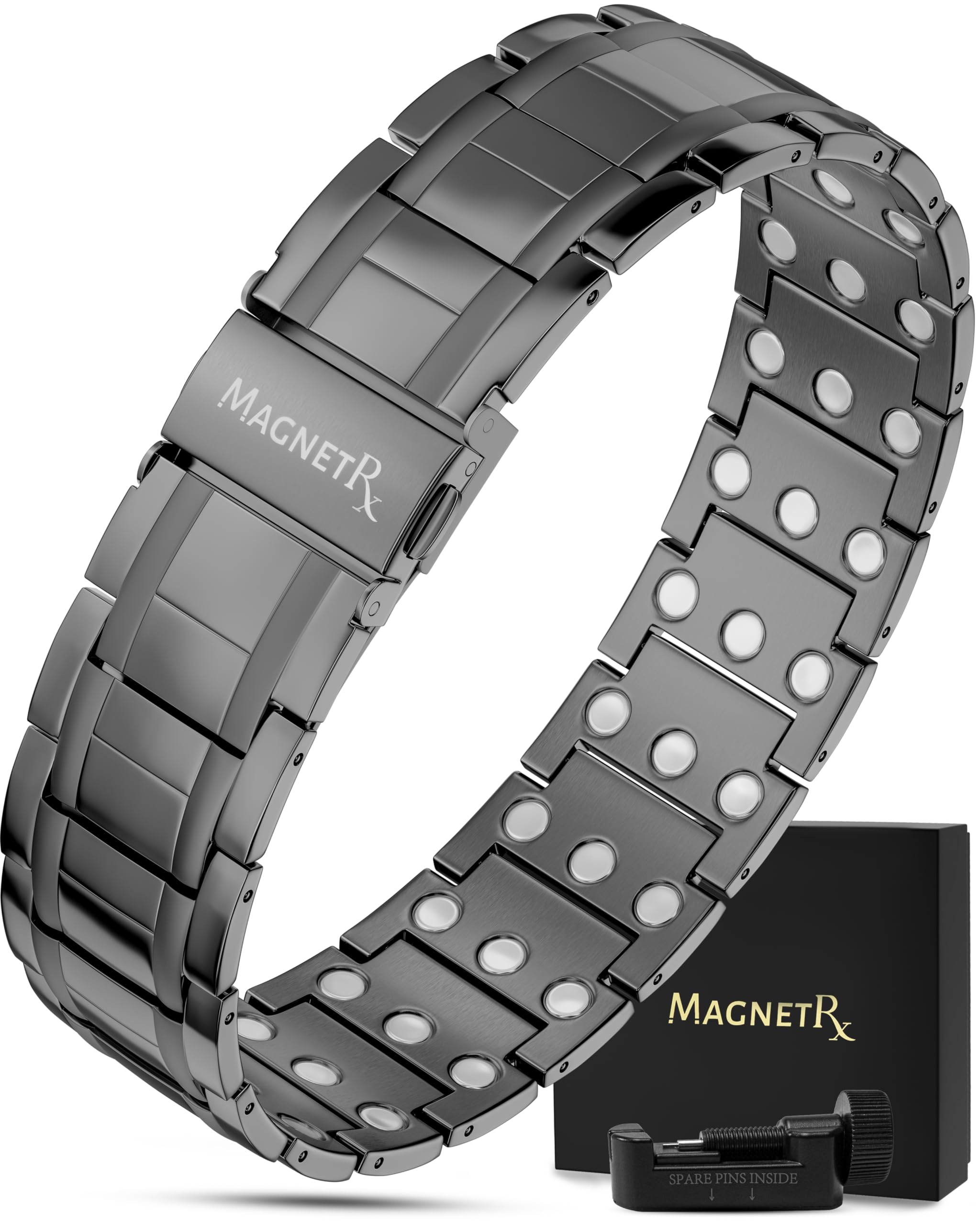MagnetRX® 3X Strength Magnetic Bracelets for Men - Effective Titanium Magnetic Bracelet Men - Premium Fold-over Clasp & Adjustable Length with Sizing Tool & Gift Box (Gunmetal)
