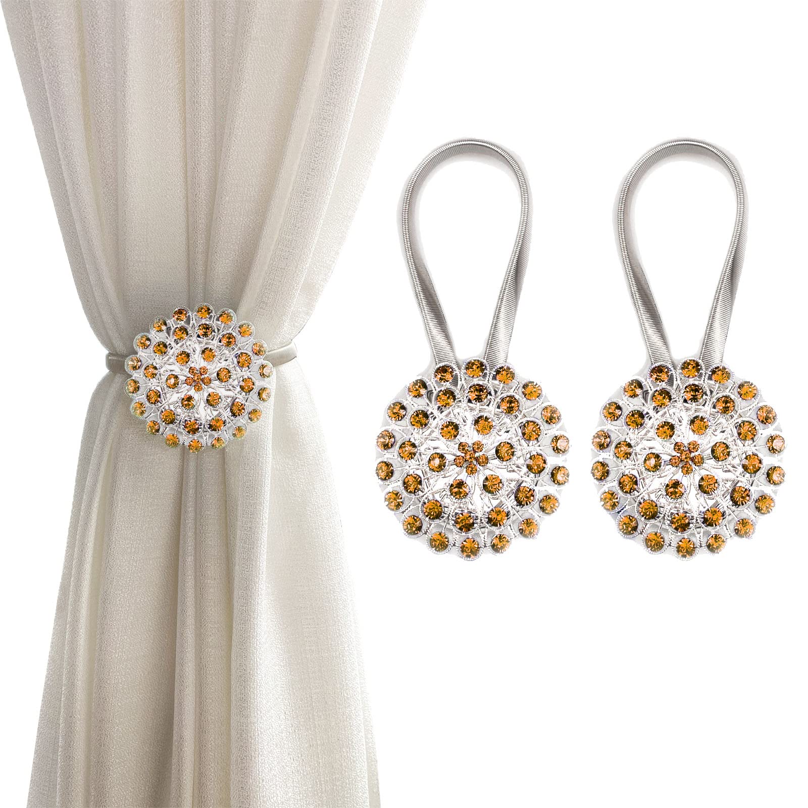 Magnetic Tiebacks for Curtains, 2 Pack Sparkling Crystal Flower Curtain Tiebacks Curtain Buckle Clips with High-Elastic Spring Wire for Home Office Decoration (Yellow)