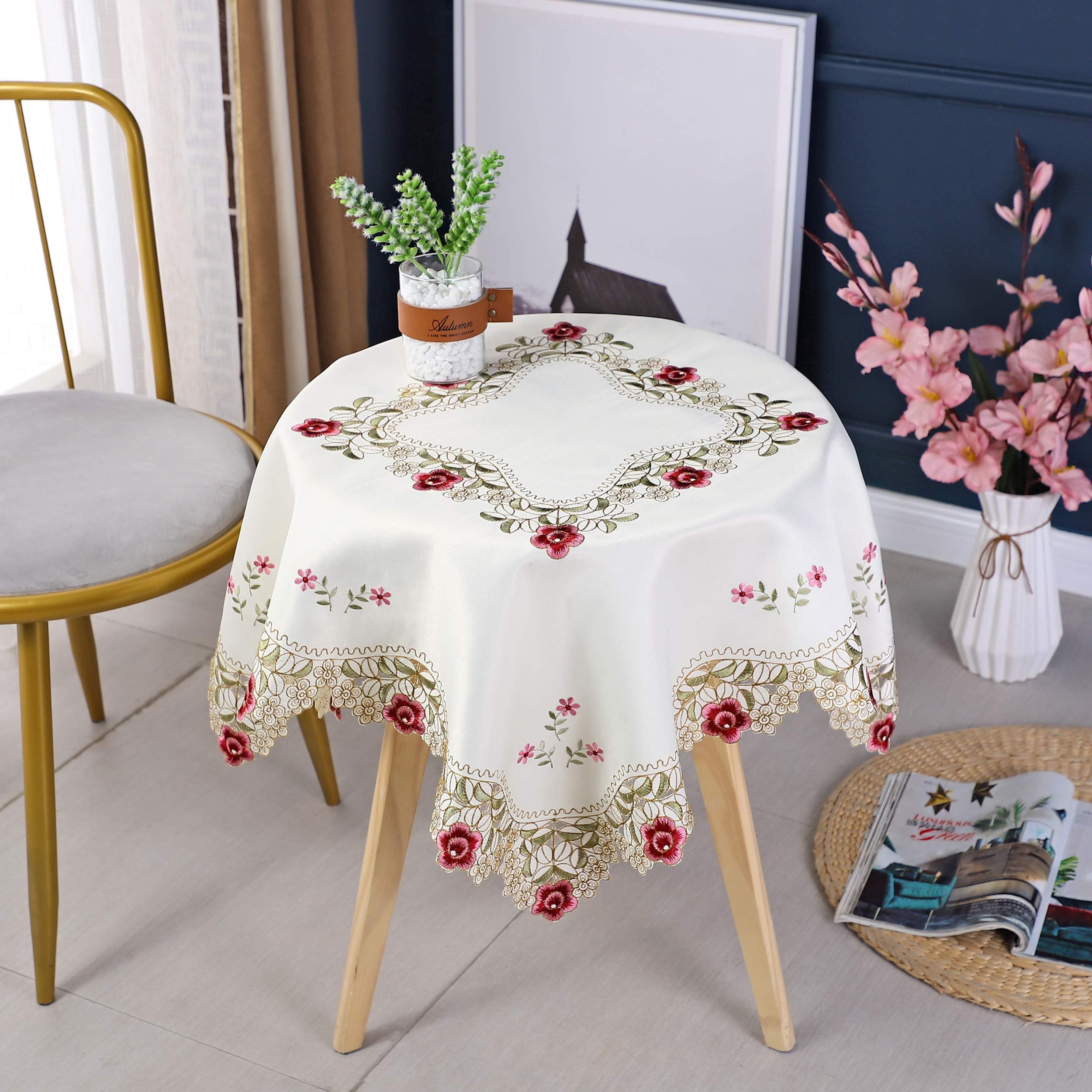 Inmerget Little Rose Flower Embroidered Small Square Tablecloth Ngithstands Cover End Table Cloth Rustic Style Dresser Scarf 33.5 x 33.5 inch/85x85cm