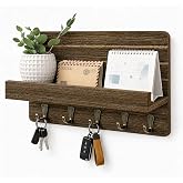 Key Holder Wall Mount,Key and Mail Organizer with Wooden Shelf,Charcoal | Decorative Key Hangers for Bags,Coats,Umbrella;Space-Saving Storage for Entryway,Hallway,Living Room;Easy Installation