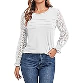 MAXTOOA Long Sleeve Shirts for Women Crewneck Lace Tunic Tops with Pleated Front Dressy Fall Fashion Must Haves White S