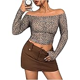 Floerns Women's Plus Size Cheetah Print Off The Shoulder T Shirt Long Sleeve Crop Tops