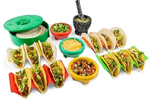 NOSTALGIA Taco Tuesday Complete Taco Serving Set with Tortilla Warmer, Salsa Bowls, Shell Holders, and Mortar and Pestle - 9-Piece Set - Red, Yellow, and Green