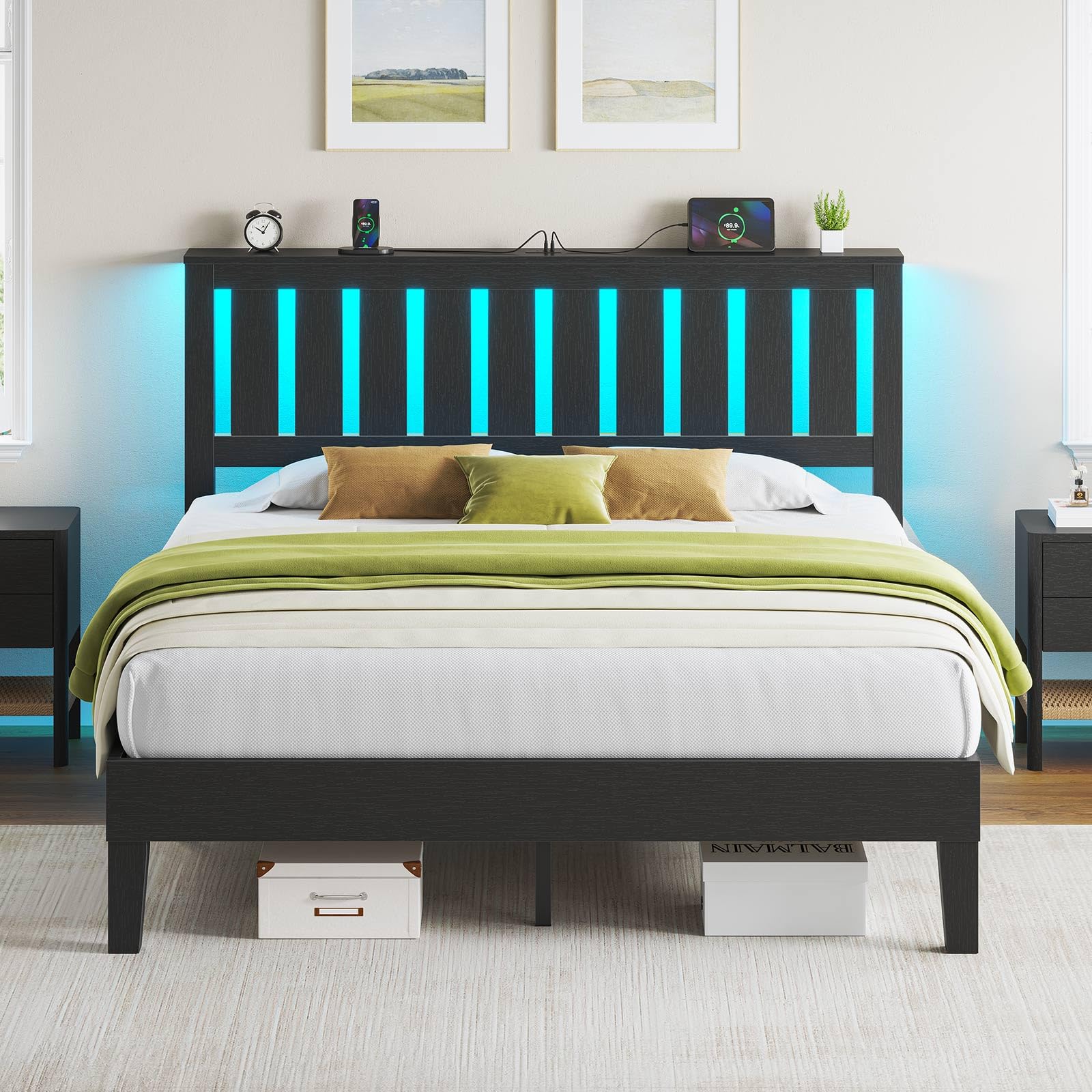 Photo 1 of ***MAJOR DAMAGE ***Rolanstar Full Bed Frame with Headboard, Charging Station and LED Lights, Wooden Bed Frame Foundation with Wood Slat Support, No Box Spring Needed, Black