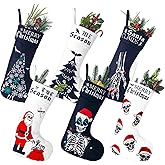 Kinlop 6 Pcs Black and White Gothic Christmas Stocking 17 Inches Goth Xmas Stockings Skeleton Hand Santa Claus Hanging Ornament for Christmas Tree Candy Gift Storage Bags Holiday Fireplace Party Decor
